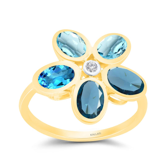 Kallati Oval Blue Topaz & Diamond Accent Floral Ring in 14K Yellow Gold