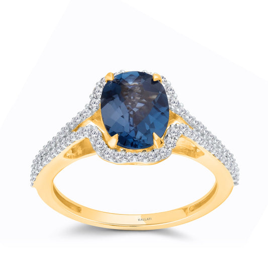 Kallati Oval Blue Topaz & 3/8 ct. tw. Diamond Halo Split Shank Ring in 14K Yellow Gold