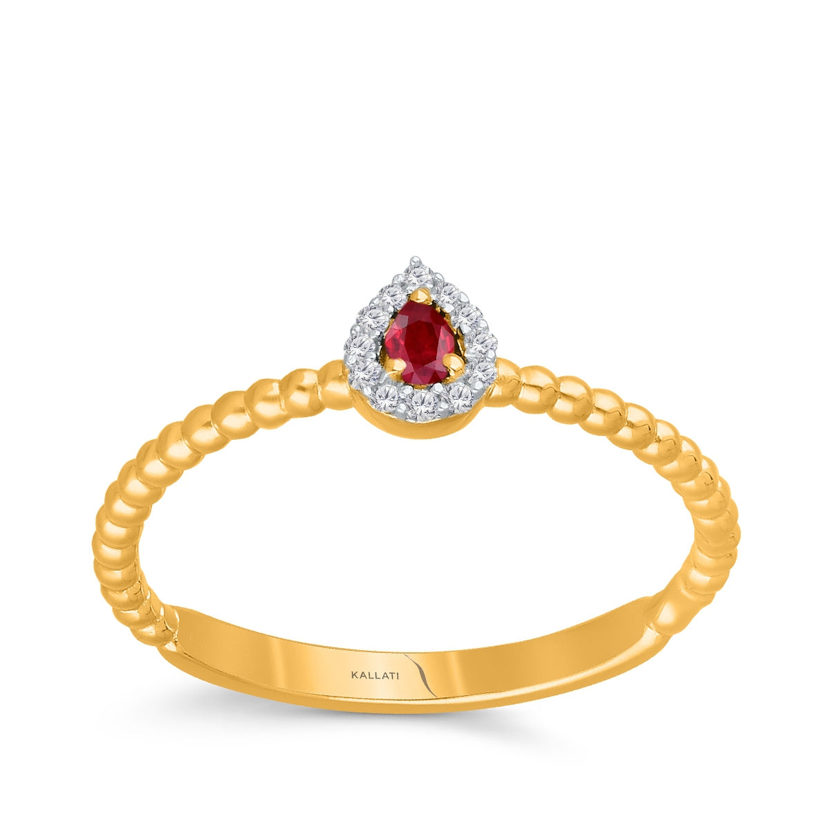 Kallati Pear Ruby & Diamond Accent Halo Stackable Ring in 14K Yellow Gold