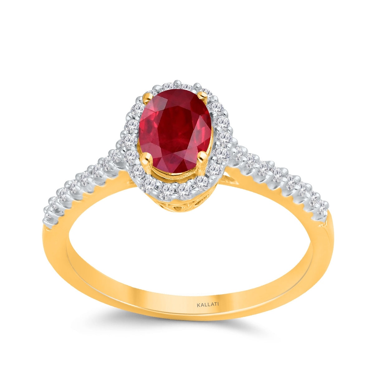 Kallati Oval Ruby & 1/5 ct. tw. Diamond Halo Ring in 14K Yellow Gold (2)