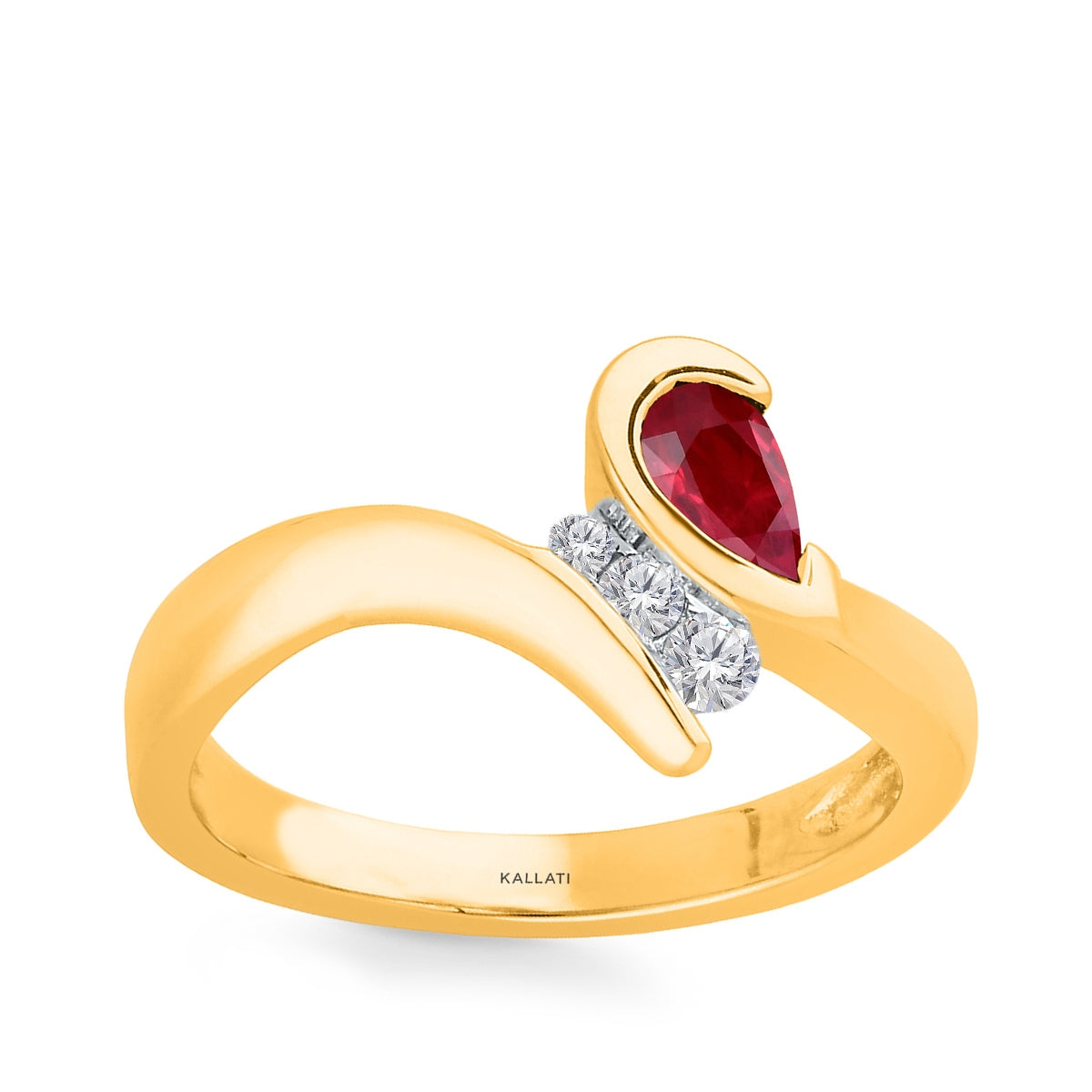 Kallati Pear Ruby & 1/10 ct. tw. 3-Stone Diamond Bypass Ring in 14K Yellow Gold