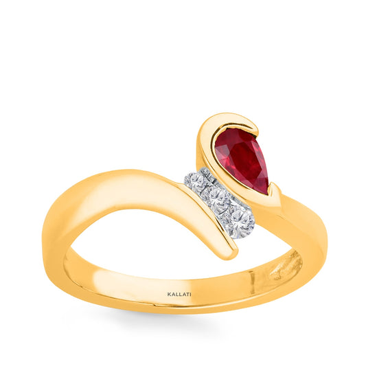 Kallati Pear Ruby & 1/10 ct. tw. 3-Stone Diamond Bypass Ring in 14K Yellow Gold