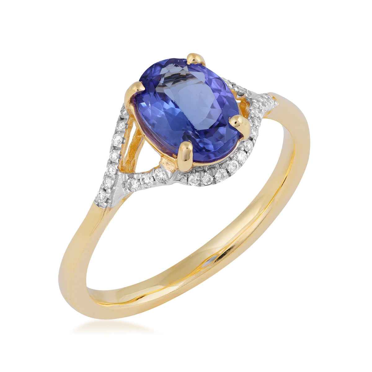 Kallati Oval Tanzanite & 1/10 ct. tw. Diamond Halo Ring in 14K Yellow Gold front view