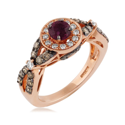Le Vian Round Ruby & 3/4 ct. tw. Nude & Chocolate Diamond Halo Ring in 14K Strawberry Gold front view