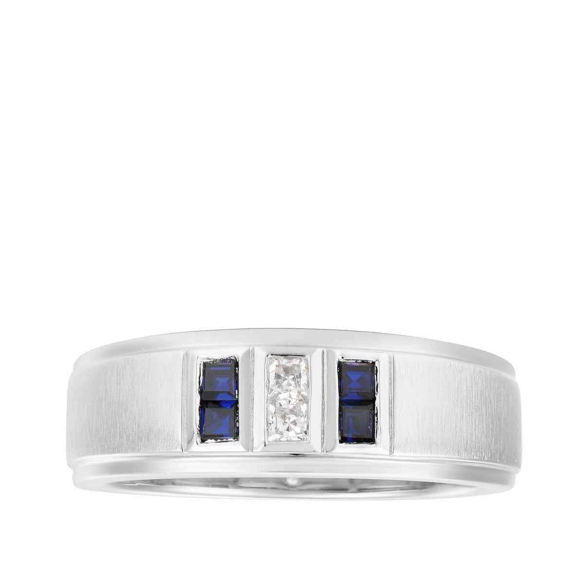 1/8 ct. tw. Men's Princess Cut Diamond & Sapphire Ring in 10K White Gold