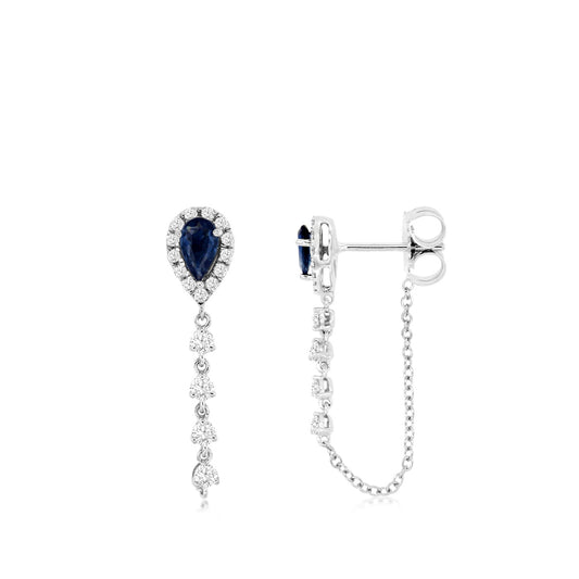 Pear Sapphire & 1/3 ct. tw. Diamond Halo Drop Chain Earrings in 14K White Gold