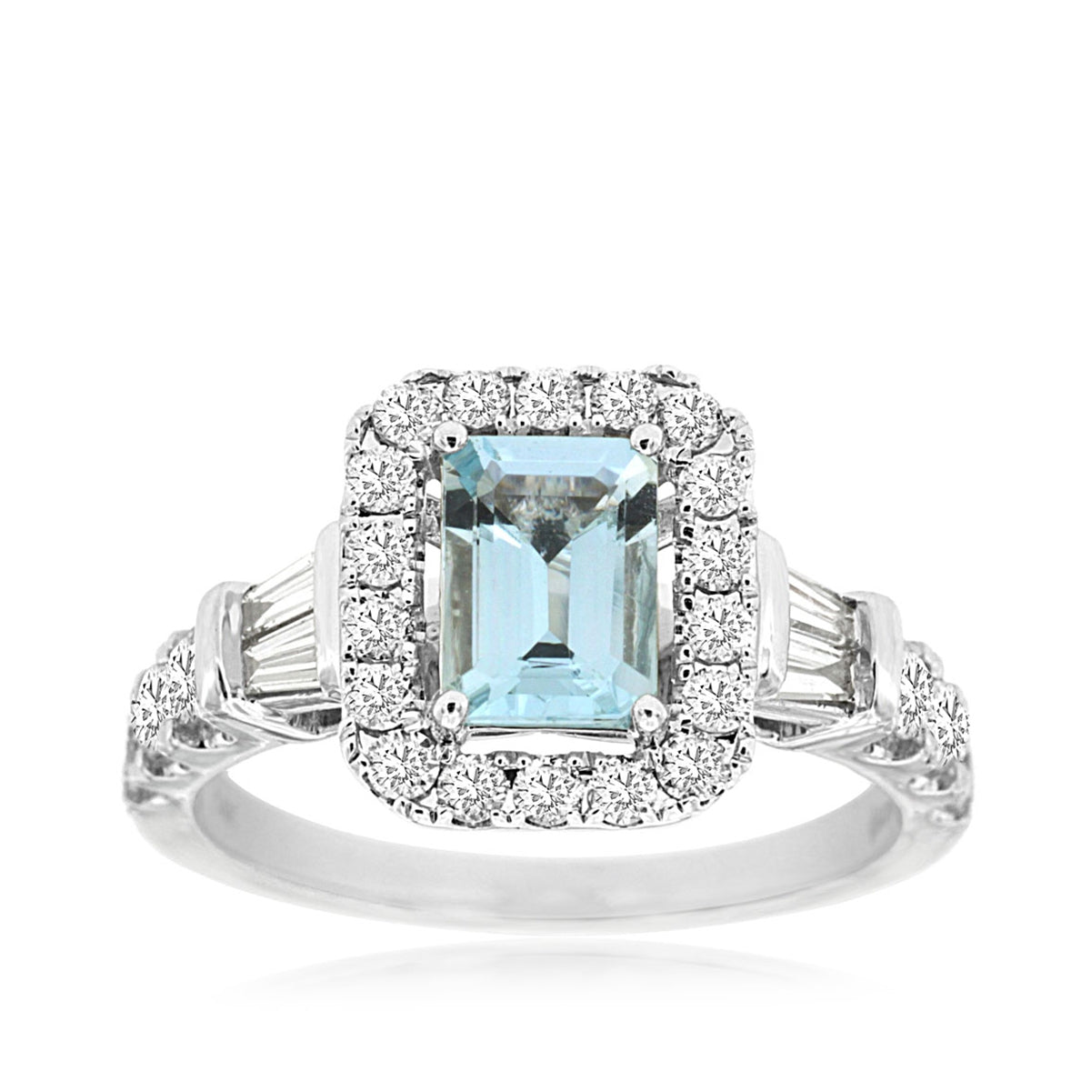 Emerald Cut Aquamarine & 7/8 ct. tw. Diamond Halo Ring in 14K White Gold