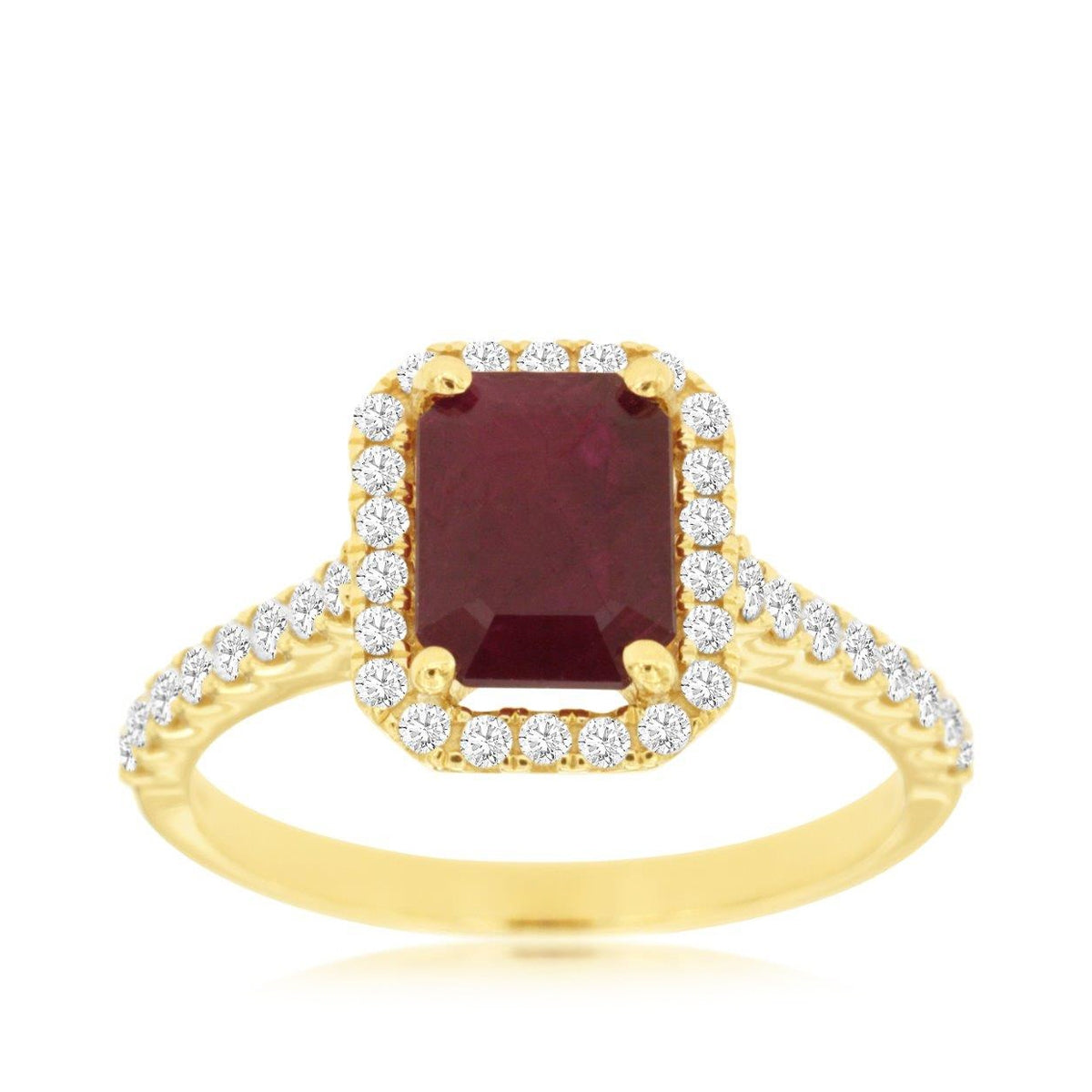 Emerald Cut Ruby & 3/8 ct. tw. Diamond Halo Ring in 14K Yellow Gold