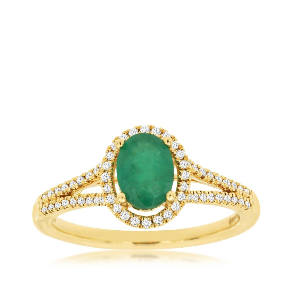 Oval Emerald & 1/5 ct. tw. Diamond Halo Split Shank Ring in 14K Yellow Gold