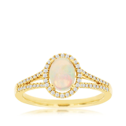 Oval Opal & 1/5 ct. tw. Diamond Halo Split Shank Ring in 14K Yellow Gold