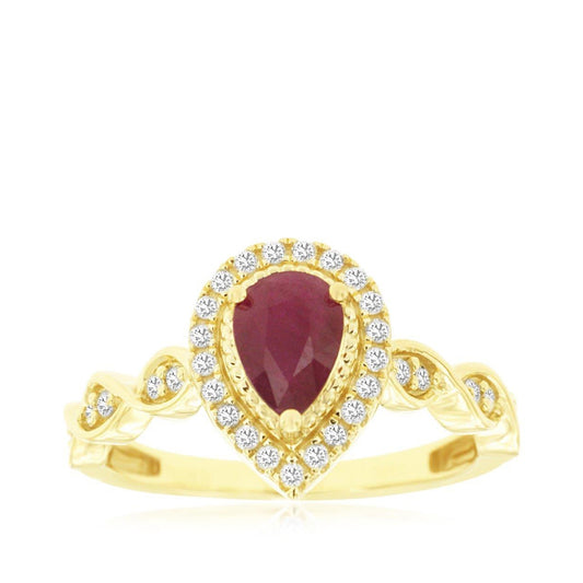 Pear Ruby & 1/4 ct. tw. Diamond Halo Scalloped Ring in 14K Yellow Gold
