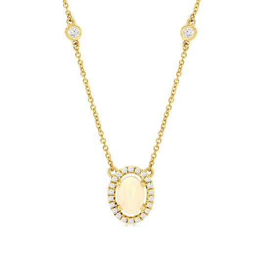 Oval Opal & 1/4 ct. tw. Diamond Halo & Chain Accent Necklace in 14K Yellow Gold