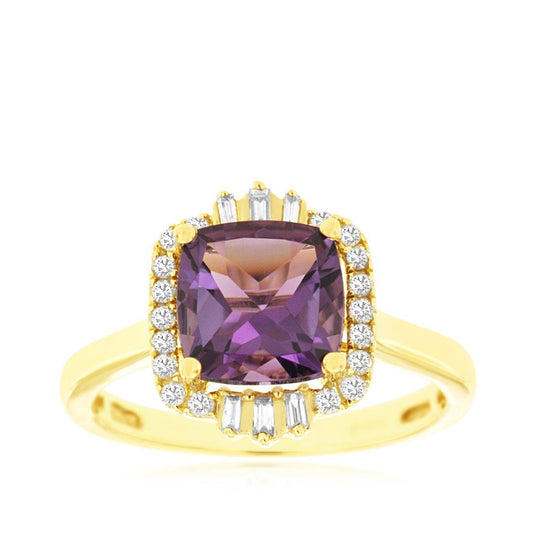 Cushion Amethyst & 1/5 ct. tw. Round & Baguette Diamond Halo Ring in 14K Yellow Gold
