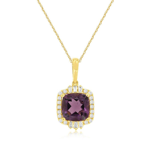 Cushion Amethyst & 1/5 ct. tw. Round & Baguette Diamond Halo Pendant in 14K Yellow Gold
