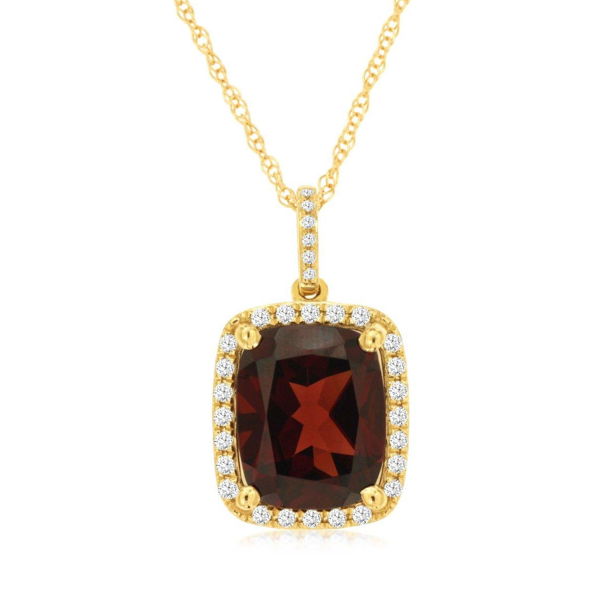 Cushion Garnet & 1/5 ct. tw. Diamond Halo Pendant in 14K Yellow Gold