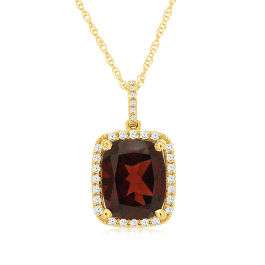 Cushion Garnet & 1/5 ct. tw. Diamond Halo Pendant in 14K Yellow Gold
