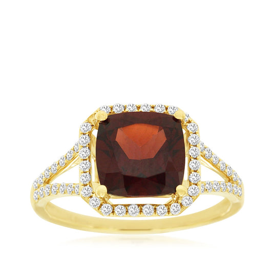 Cushion Garnet & 1/3 ct. tw. Diamond Halo Split Shank Ring in 14K Yellow Gold