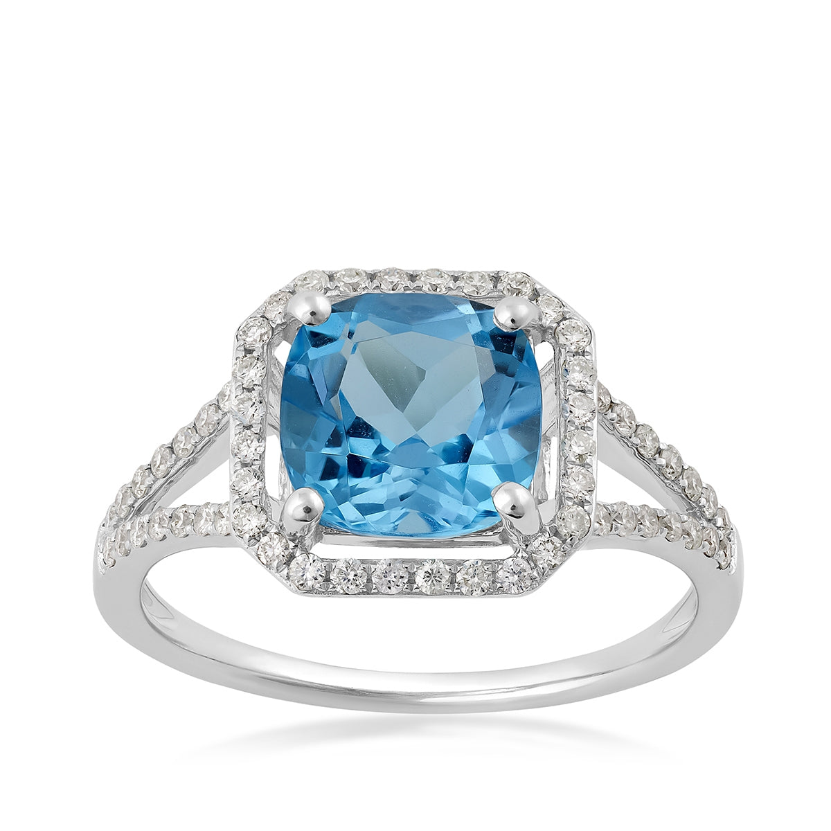 Cushion Topaz & 1/3 ct. tw. Diamond Halo Split Shank Ring in 14K White Gold