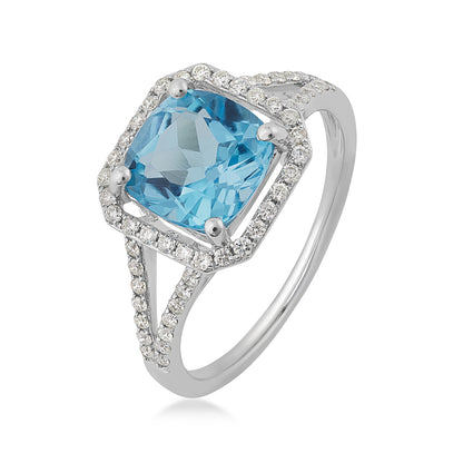 Cushion Topaz & 1/3 ct. tw. Diamond Halo Split Shank Ring in 14K White Gold front view