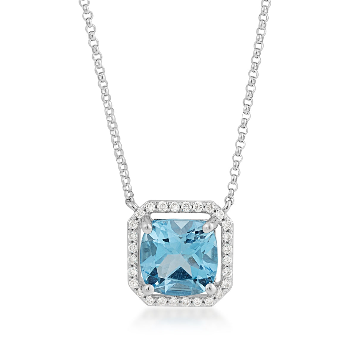 Cushion Blue Topaz & 1/7 ct. tw. Diamond Halo Necklace in 14K White Gold