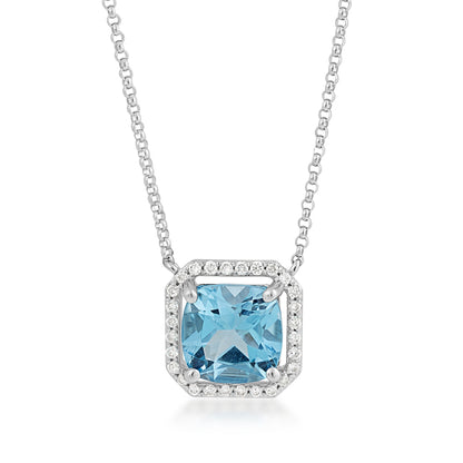 Cushion Blue Topaz & 1/7 ct. tw. Diamond Halo Necklace in 14K White Gold