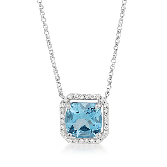 Cushion Blue Topaz & 1/7 ct. tw. Diamond Halo Necklace in 14K White Gold