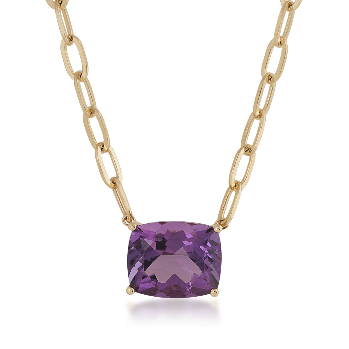 Cushion Amethyst Paperclip Necklace in 10K Yellow Gold