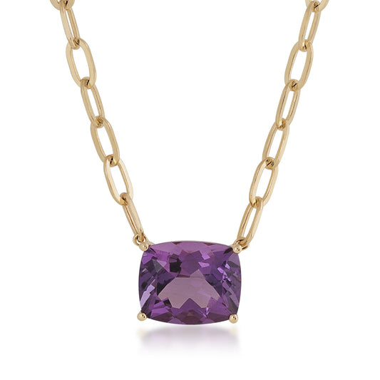 Cushion Amethyst Paperclip Necklace in 10K Yellow Gold