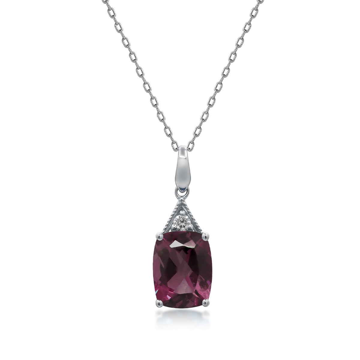 Cushion Rhodolite Garnet & Diamond Accent Pendant in 14K White Gold