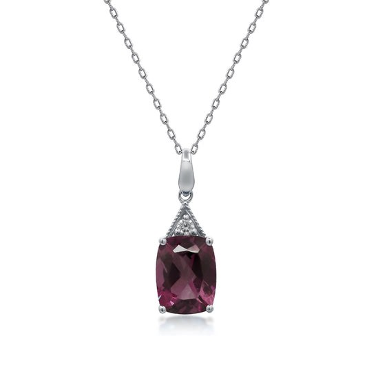 Cushion Rhodolite Garnet & Diamond Accent Pendant in 14K White Gold