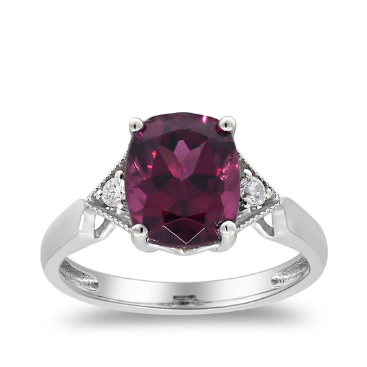 Cushion Rhodolite Garnet & Diamond Accent Ring in 14K White Gold