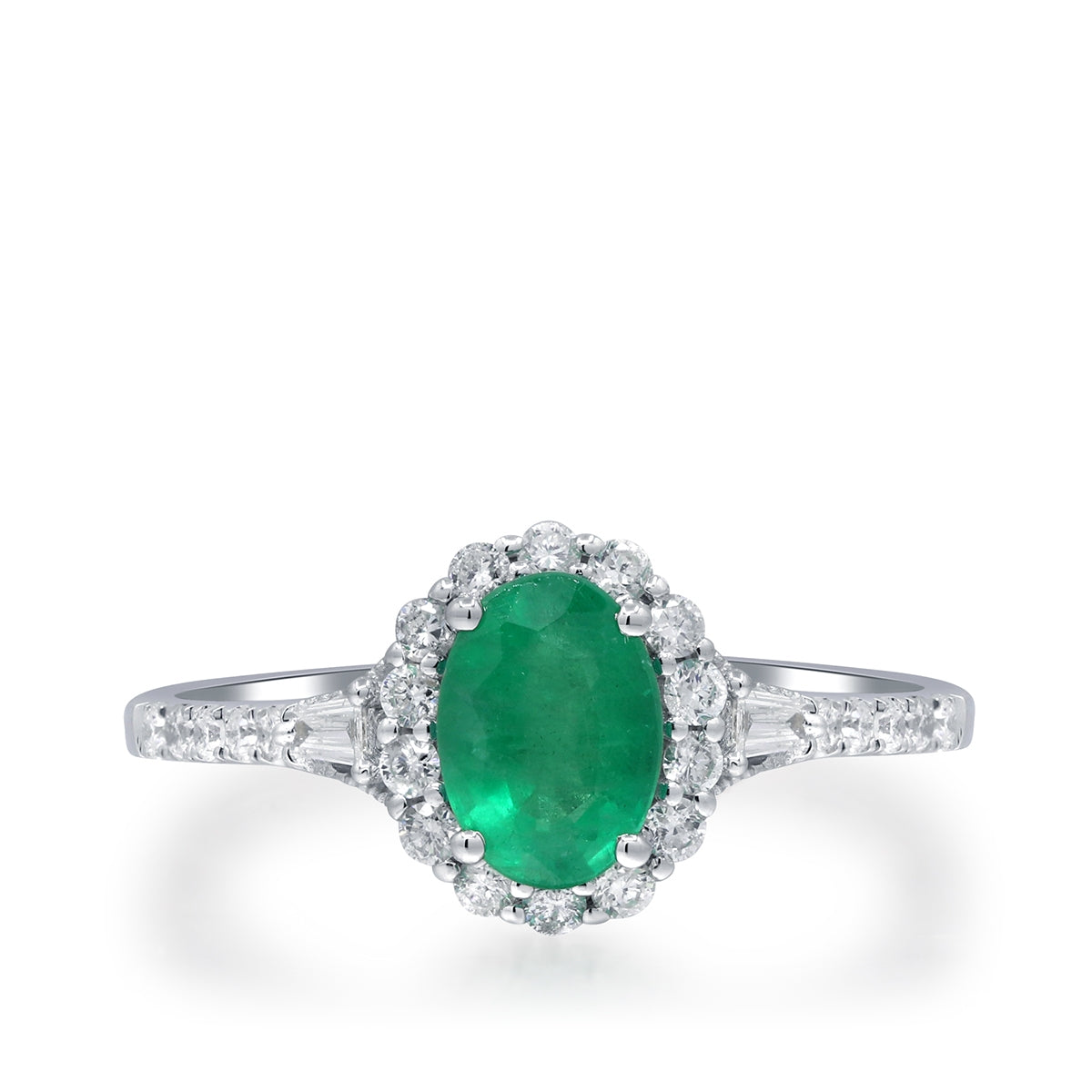 Oval Emerald & 1/3 ct. tw. Diamond Halo Ring in 10K White Gold close-up detail