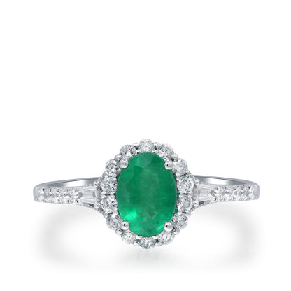 Oval Emerald & 1/3 ct. tw. Diamond Halo Ring in 10K White Gold close-up detail