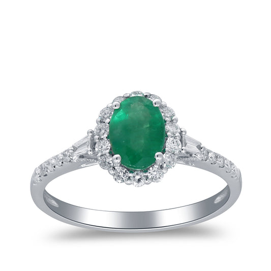 Oval Emerald & 1/3 ct. tw. Diamond Halo Ring in 10K White Gold