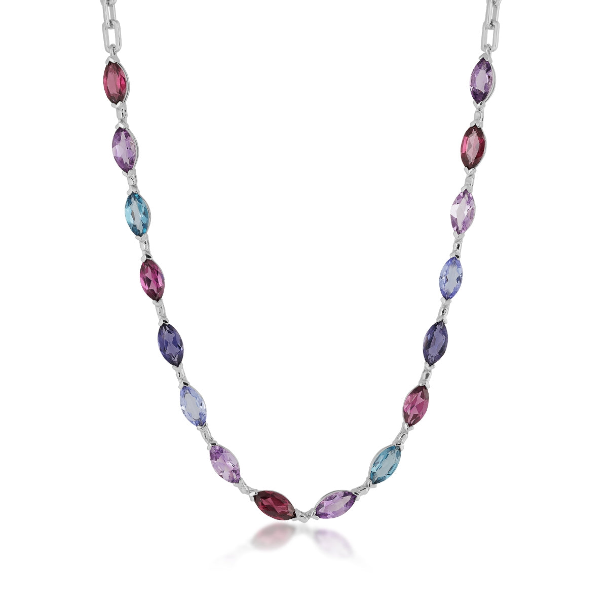 Marquise Multi-Gem Paperclip Necklace in 10K White Gold