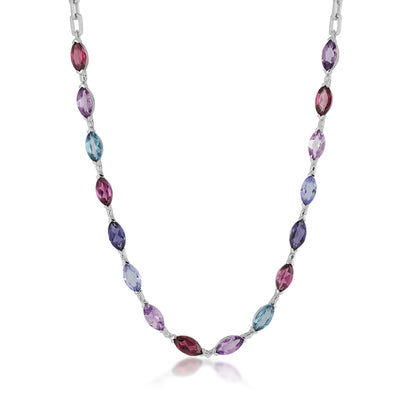 Marquise Multi-Gem Paperclip Necklace in 10K White Gold
