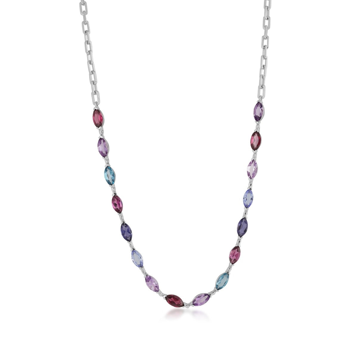 Marquise Multi-Gem Paperclip Necklace in 10K White Gold front view