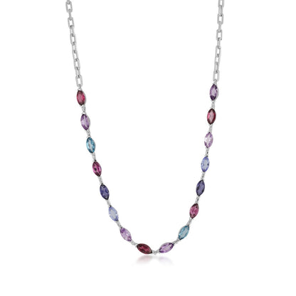 Marquise Multi-Gem Paperclip Necklace in 10K White Gold front view