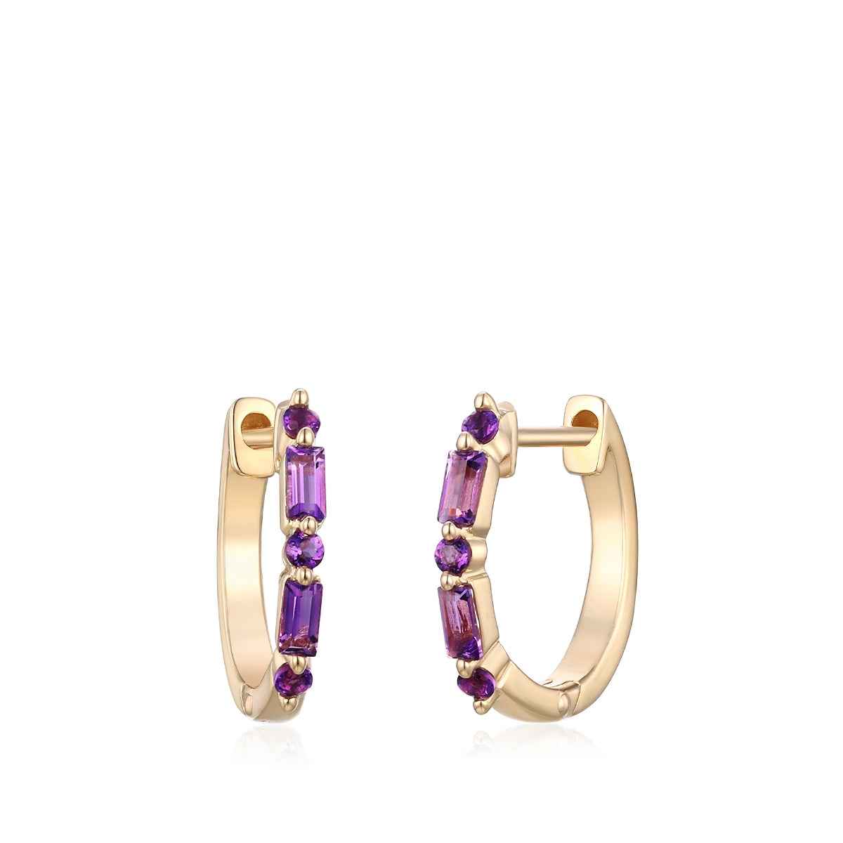 Baguette & Round Amethyst Hoop Earrings in 10K Yellow Gold