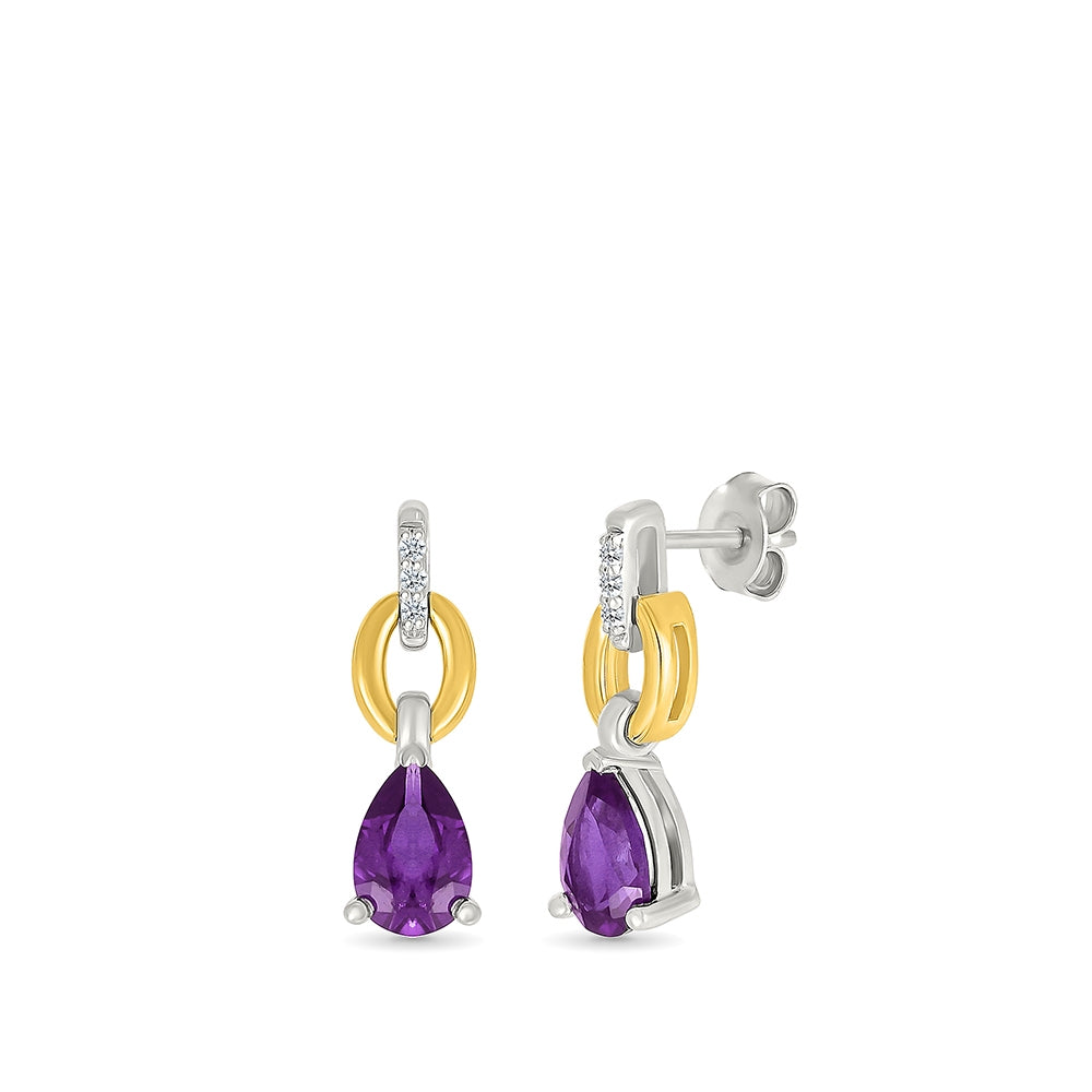 Pear Amethyst & Diamond Accent Dangle Earrings in Sterling Silver & 10K Yellow Gold