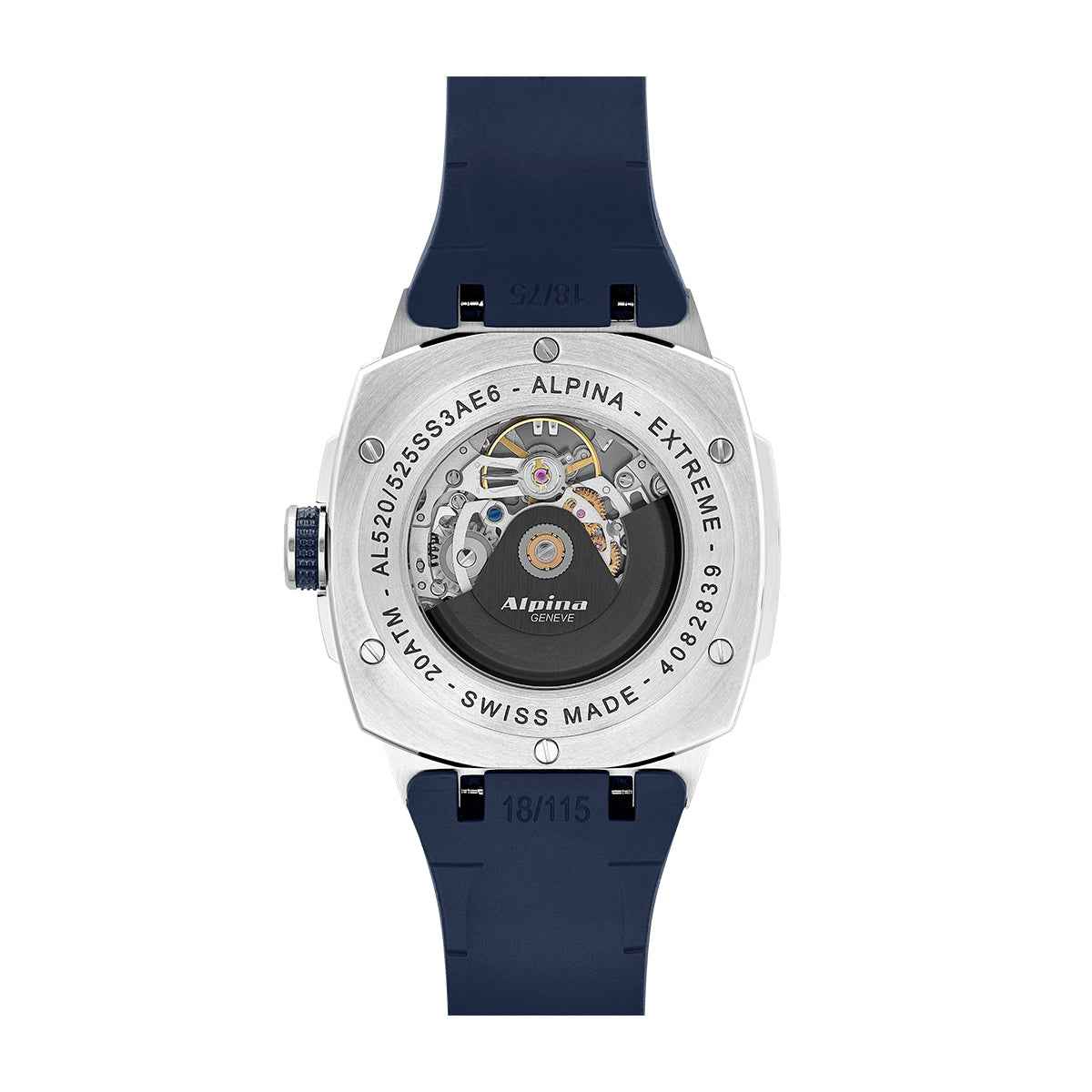 Alpina Men's Alpiner Extreme Skeleton Automatic Stainless Steel Watch with Blue Dial & Rubber Strap close-up detail