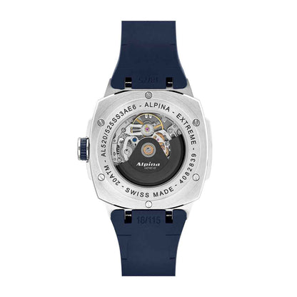 Alpina Men's Alpiner Extreme Skeleton Automatic Stainless Steel Watch with Blue Dial & Rubber Strap close-up detail