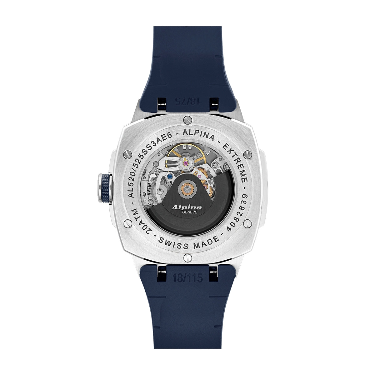 Alpina Men's Alpiner 4 Automatic Stainless Steel Watch with Blue Dial & Rubber Strap close-up detail