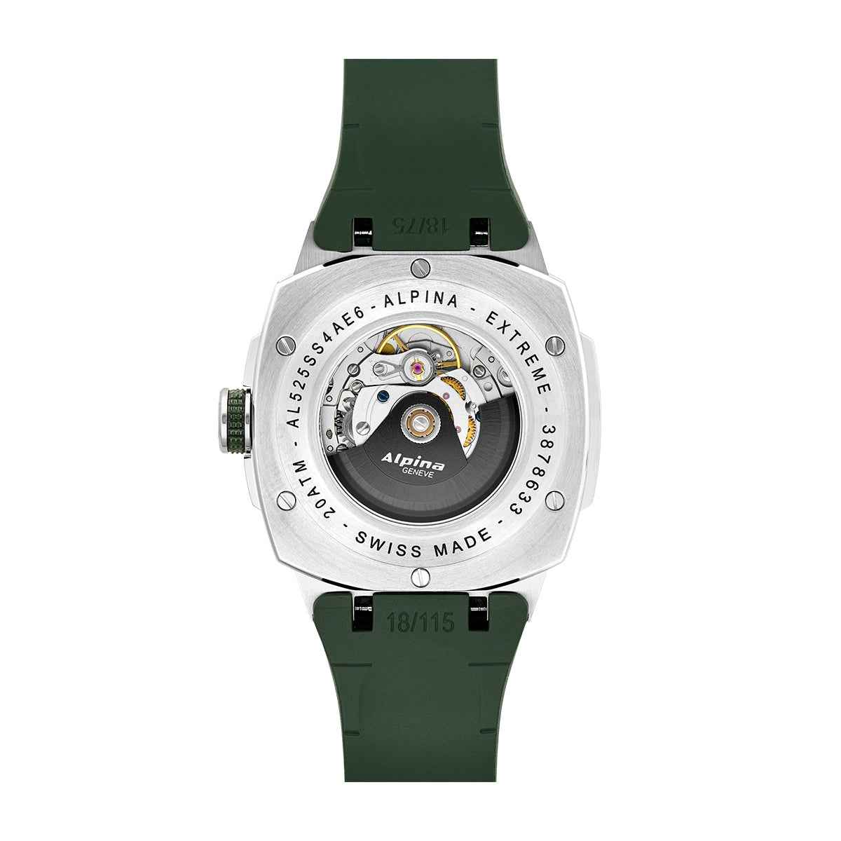 Alpina Men's Alpiner Extreme Automatic Stainless Steel Watch with Green Dial & Rubber Strap close-up detail (2)