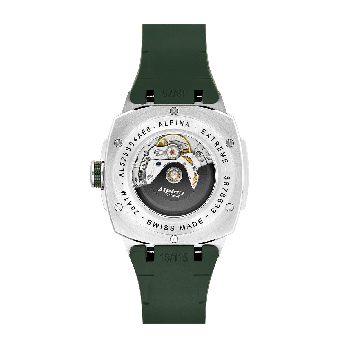 Alpina Men's Alpiner Extreme Automatic Stainless Steel Watch with Green Dial & Rubber Strap close-up detail