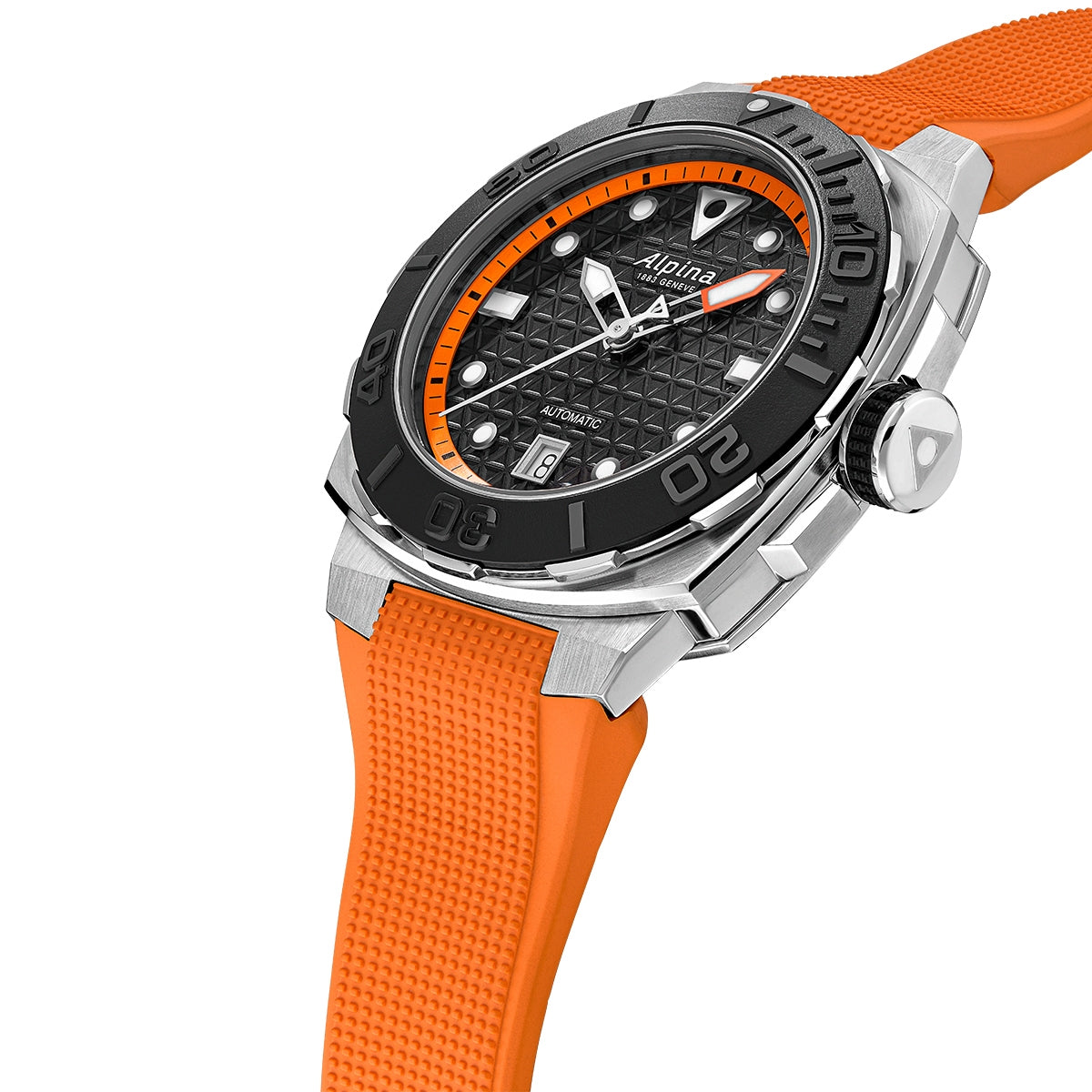 Alpina Men's Seastrong Diver Extreme Automatic Stainless Steel Watch with Black Dial & Orange Rubber Strap front view (2)