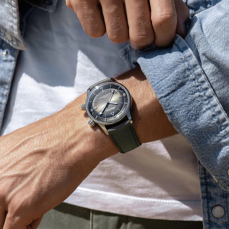 Alpina Men's Heritage Diver 300 Automatic Stainless Steel Watch with Black Dial & Green Rubber Strap side profile