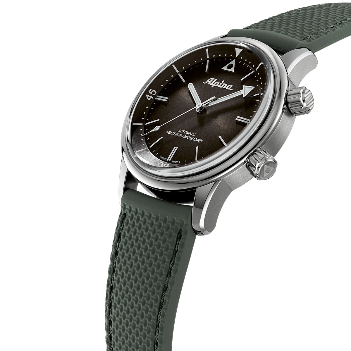 Alpina Men's Heritage Diver 300 Automatic Stainless Steel Watch with Black Dial & Green Rubber Strap front view