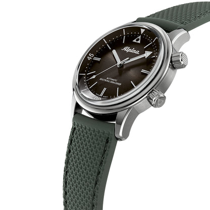 Alpina Men's Heritage Diver 300 Automatic Stainless Steel Watch with Black Dial & Green Rubber Strap front view
