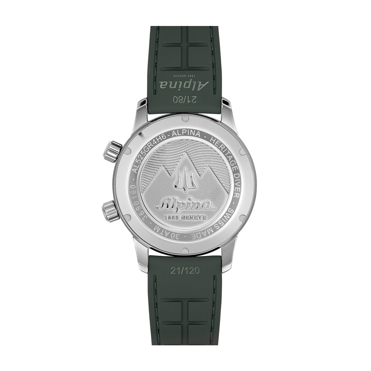 Alpina Men's Heritage Diver 300 Automatic Stainless Steel Watch with Black Dial & Green Rubber Strap close-up detail